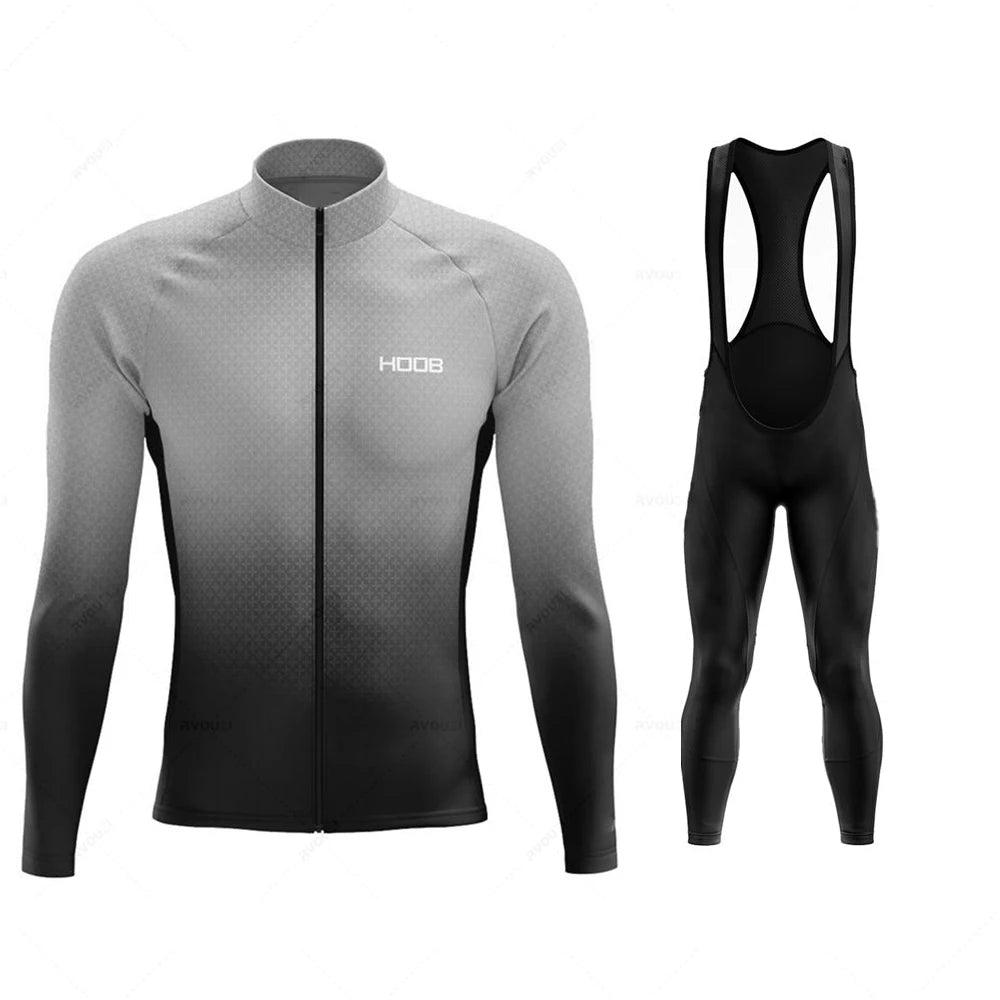Tidesmit grey to black ombre long sleeve cycling jersey and matching black thermal fleece bib pants set for men.