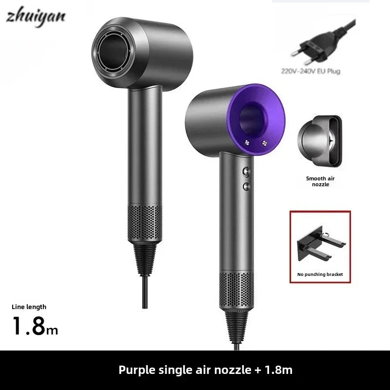 Grey and purple leafless hair dryer with nozzle, wall-mounted bracket, and 1.8m cord for professional salon results.
