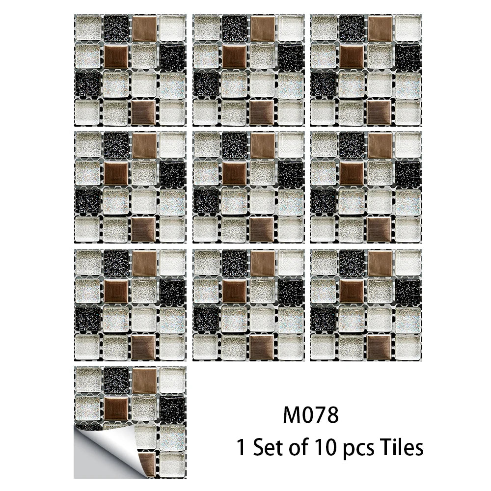 Silver and brown mosaic tile sticker set, glossy square tiles, waterproof peel-and-stick (10 pcs)