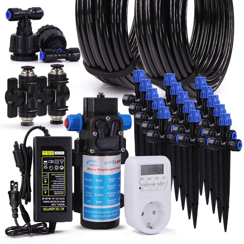Timed drip irrigation pump kit with controller, valves, adjustable drippers, and tubing