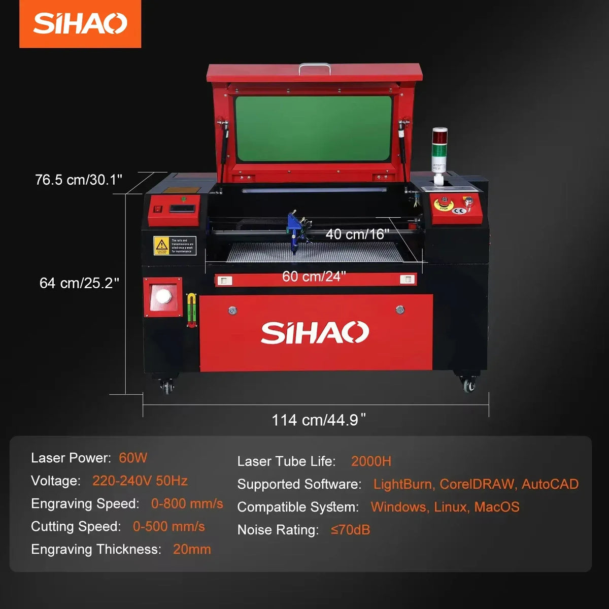 SIHAO red and black desktop laser engraver with open lid and green viewing window