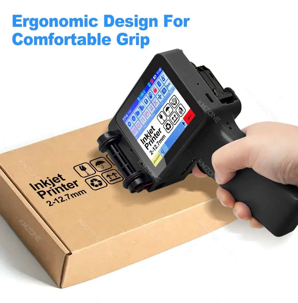 Mini handheld inkjet printer with ergonomic grip printing on a cardboard box