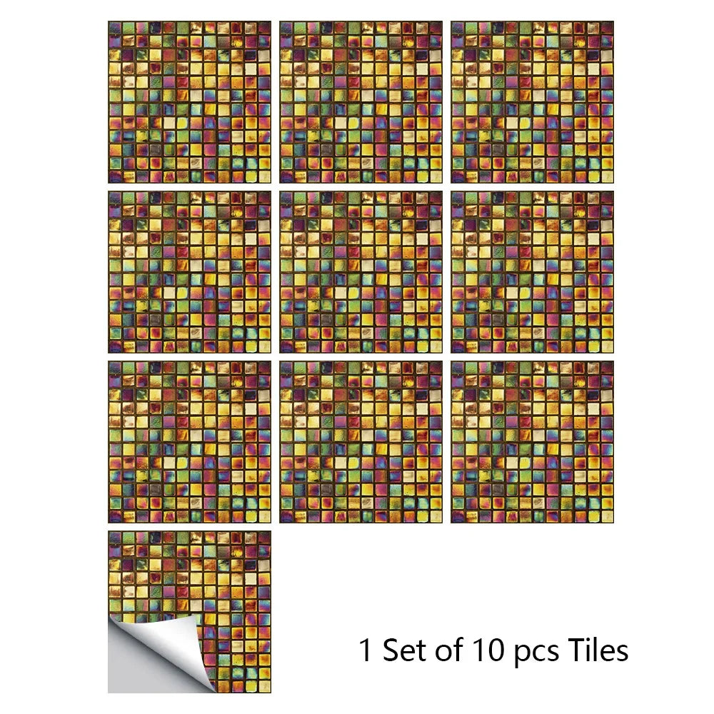Set of 10 mosaic tile stickers with multicolor square pattern in metallic tones