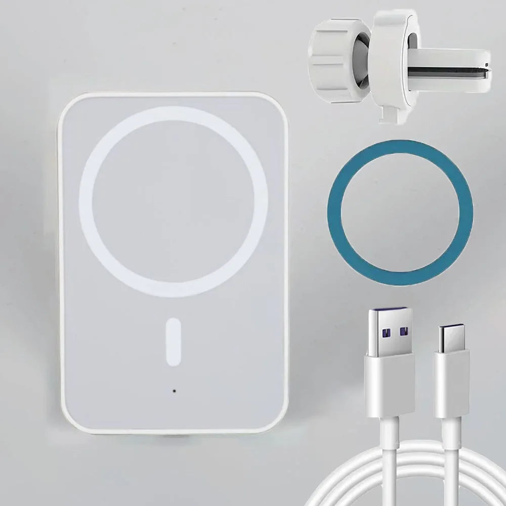 Wireless Car Phone Charger - Magnetic Qi Certified Fast Charging Mount White with cable Tidesmit