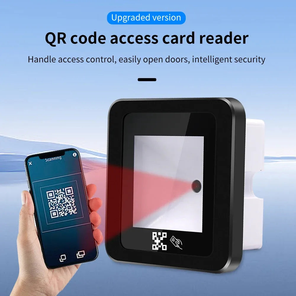 QR code access card reader with touchscreen window and white back plate