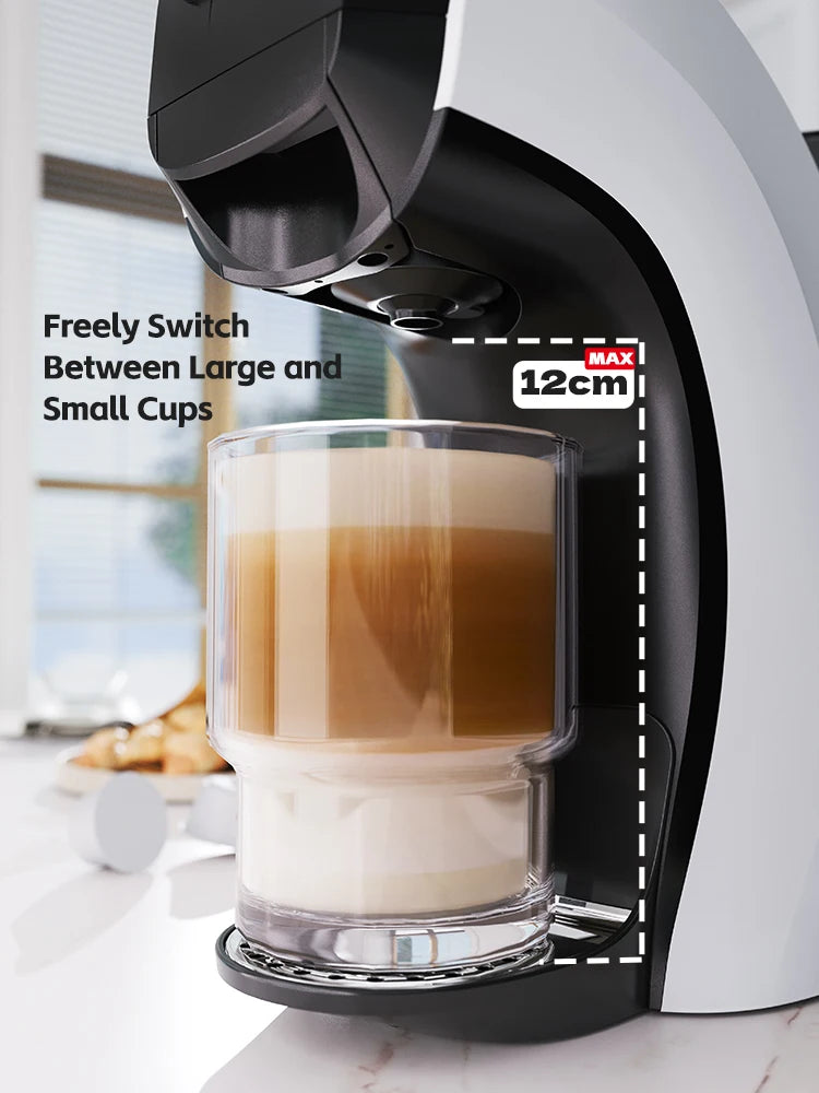 Philips Senseo coffee machine in white and black, showing 12cm max cup clearance for various mug sizes.