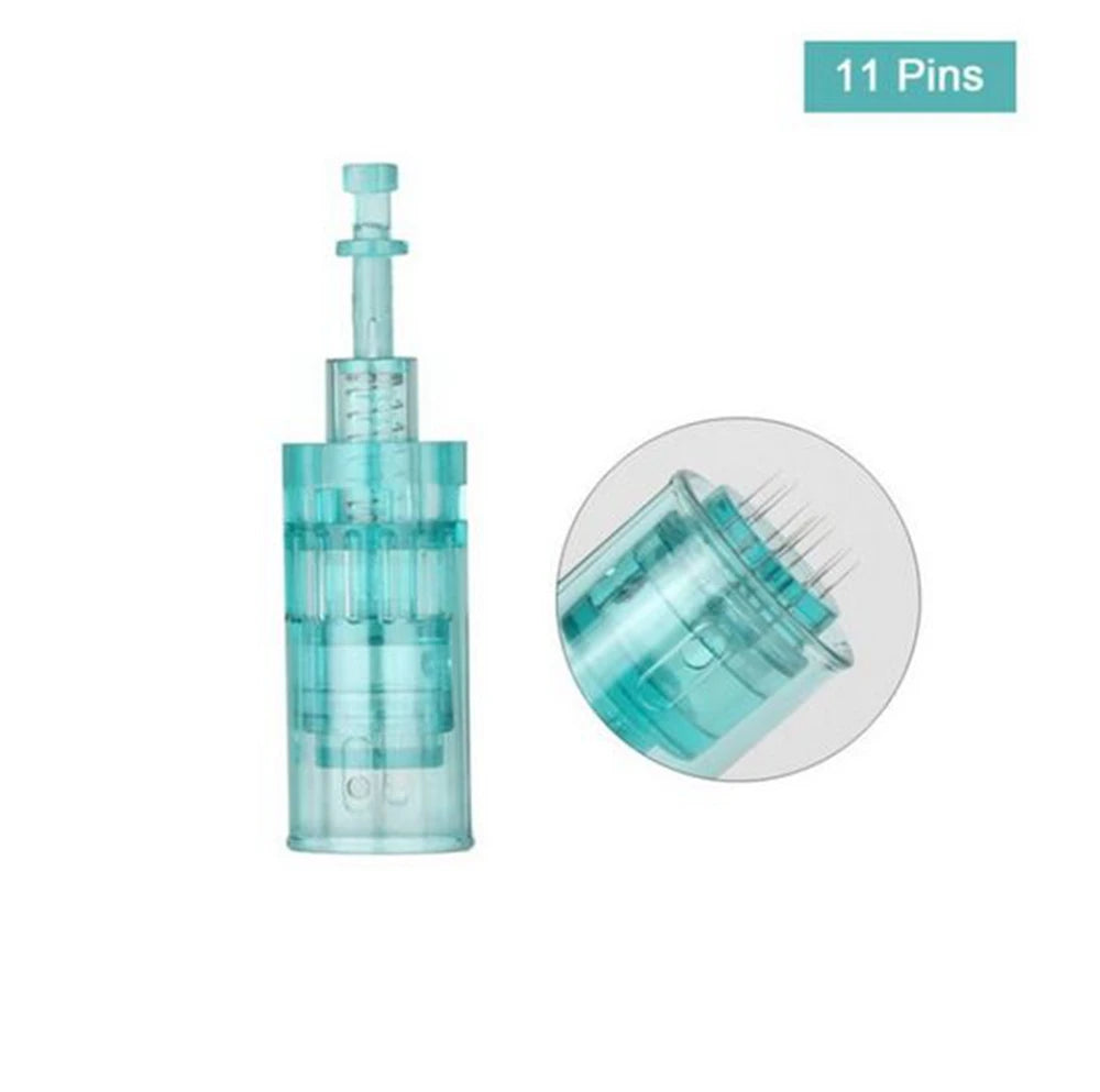 Translucent teal 11-pin micro-needling replacement cartridge for skin treatment devices.