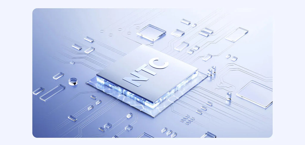 MIJIA H701 Hair Dryer advanced NTC smart temperature control chip on a blue digital circuit board background.