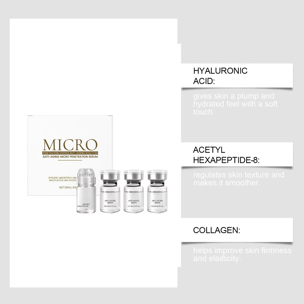 Anti-aging essence set with a white product box and four small, clear glass vials with silver lids.