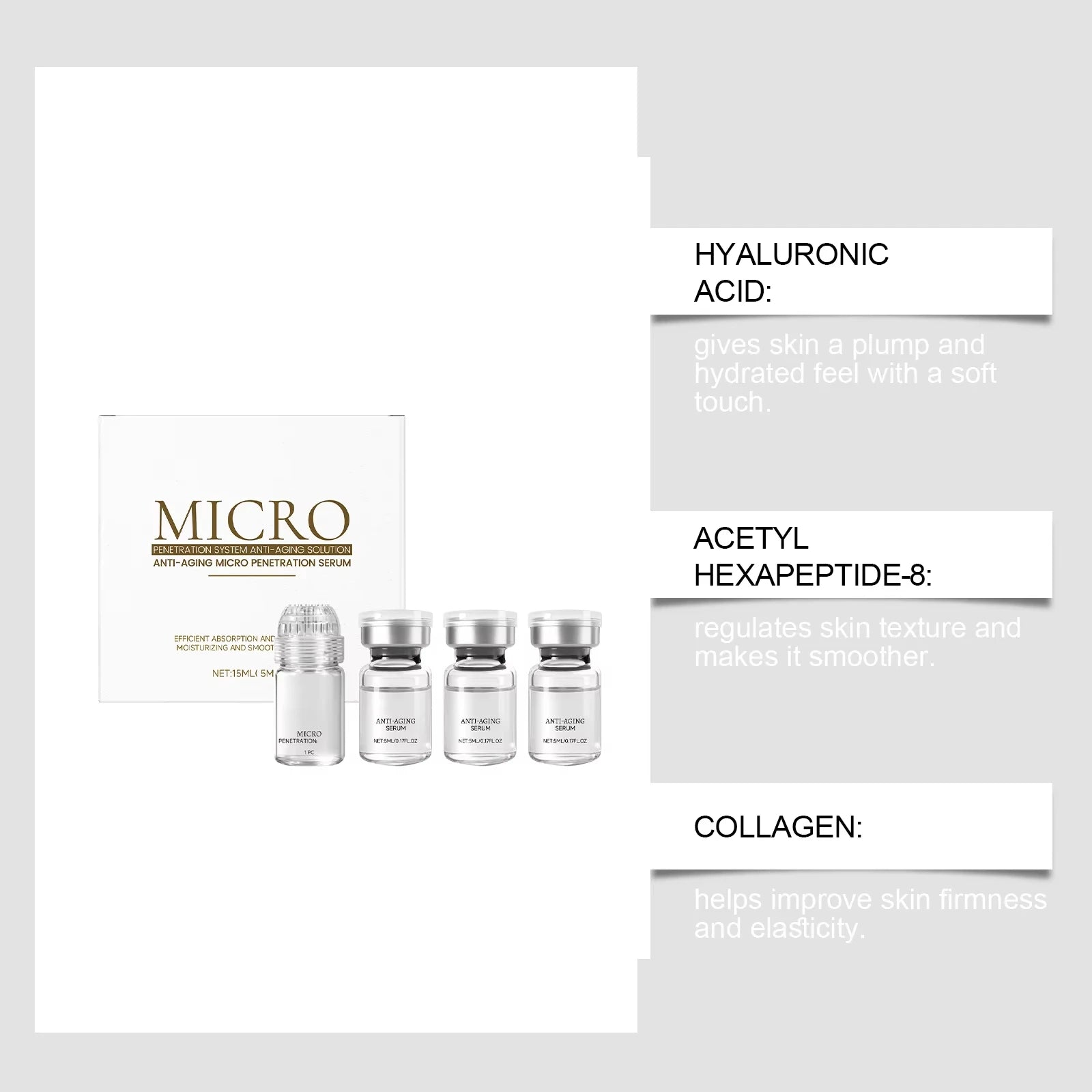Anti-aging essence set with a white product box and four small, clear glass vials with silver lids.
