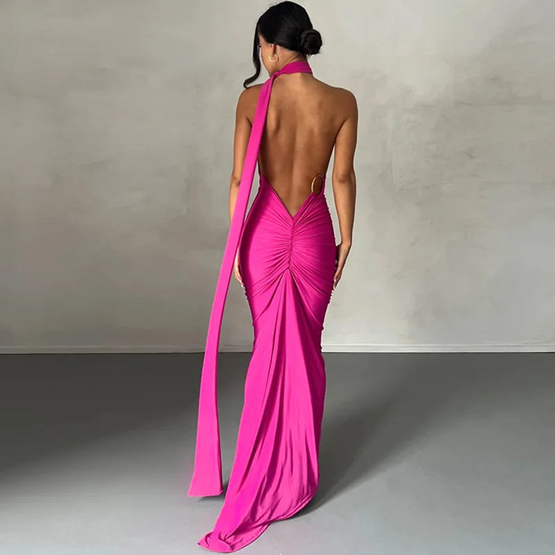 2023 One Shoulder Backless Adjustable Scarf Loop Ruched Sexy Maxi Dress Women Elegant Y2K Streetwear Festival Outfit