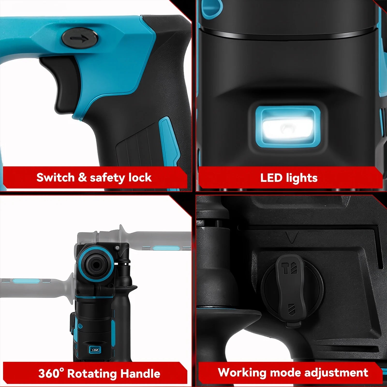 Podofo 1200W 2600RPM Brushless Rotary Hammer Drill 1.8J 360° Rotatable Cordless Electric Impact Hammer For Construction Home Wood Metal Drilling