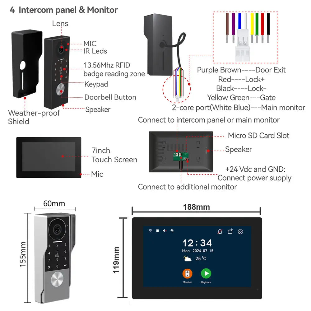 2-Wire TUYA Smart Video intercom doorbell 1080P Waterproof Camera 5G Wifi 7/10inch Touch Screen Support Password Inductive Card