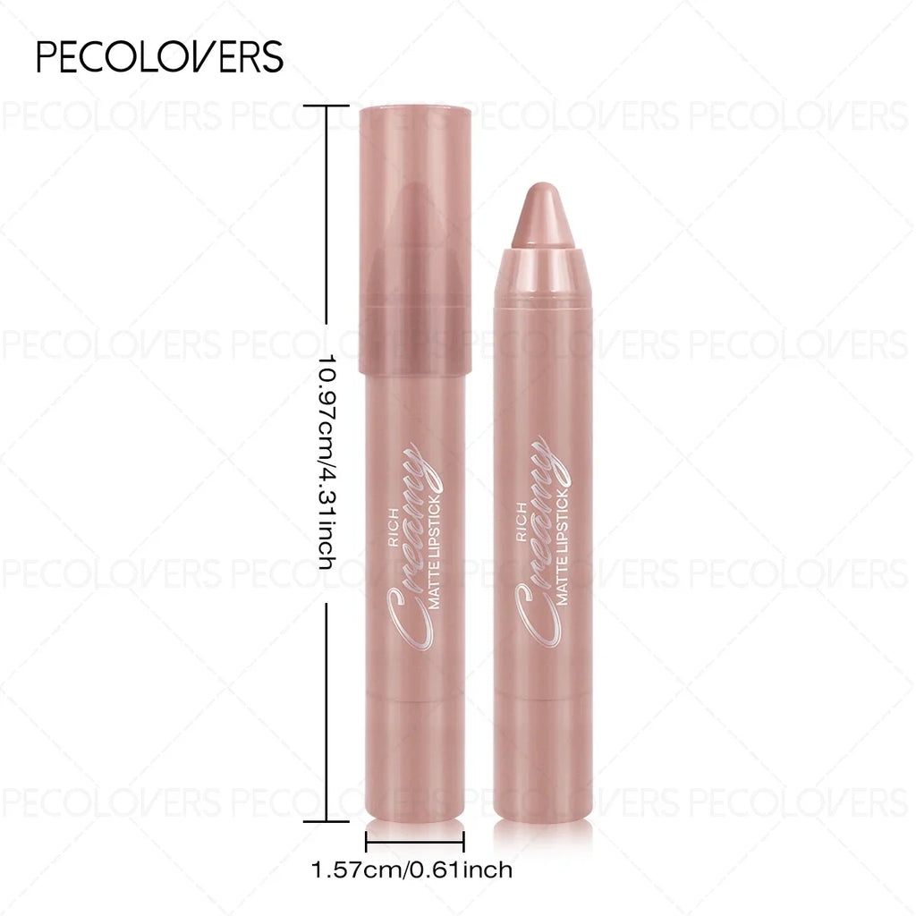 Soft matte lip crayon pencil in a nude pink shade, moisturizing creamy lipstick for everyday makeup looks.