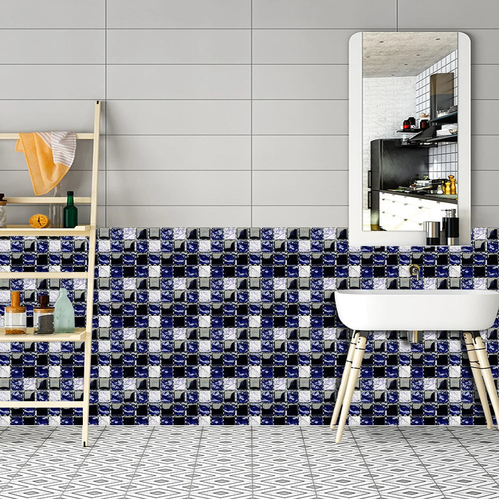 10pcs Flat Mosaic Style Tiles Sticker Kitchen Bathroom Waterproof & Oilproof Art Wall Sticker Peel & Stick Surface Glossy Film