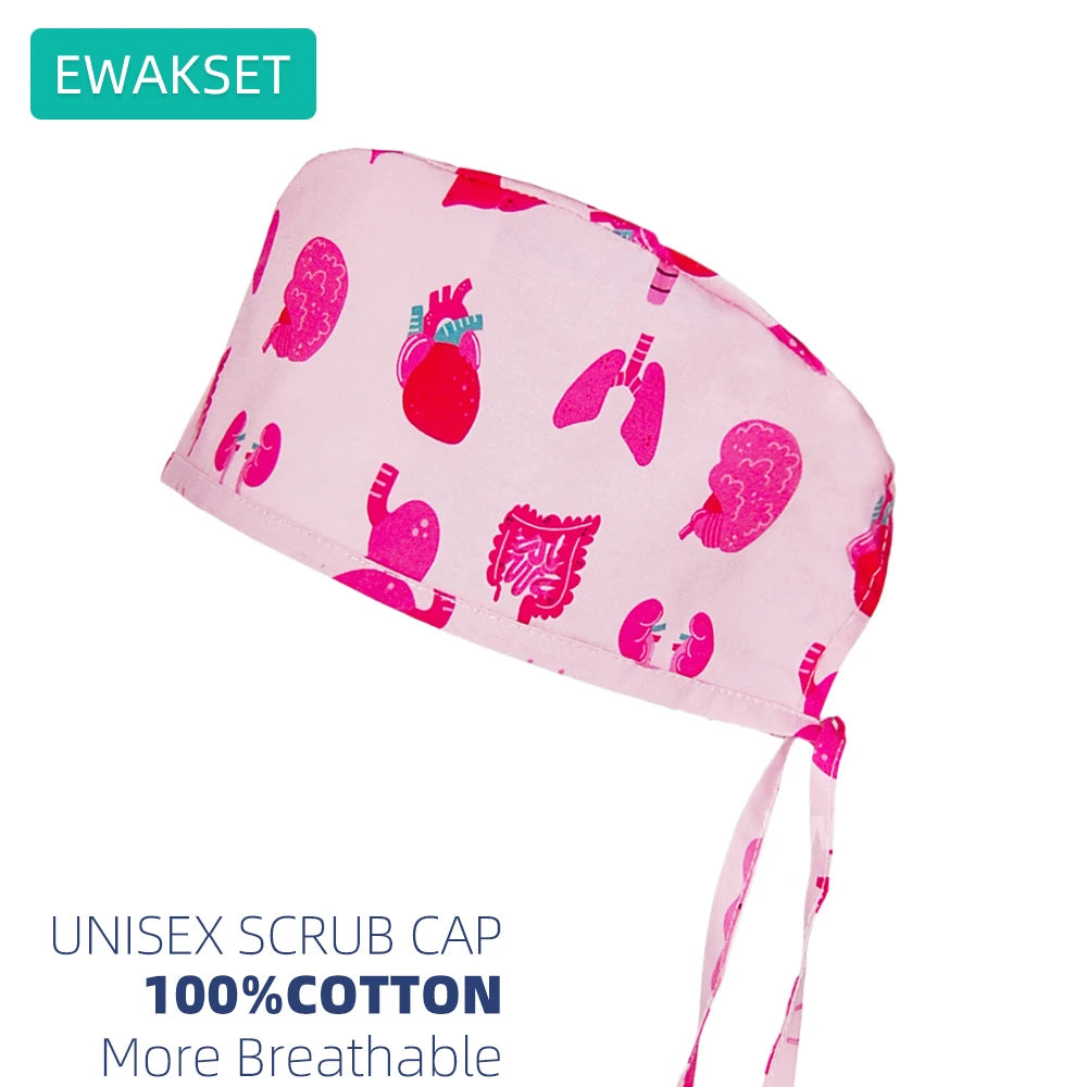 Pink unisex scrub cap with medical organ print, 100% cotton, breathable, adjustable tie-back for vets and nurses.