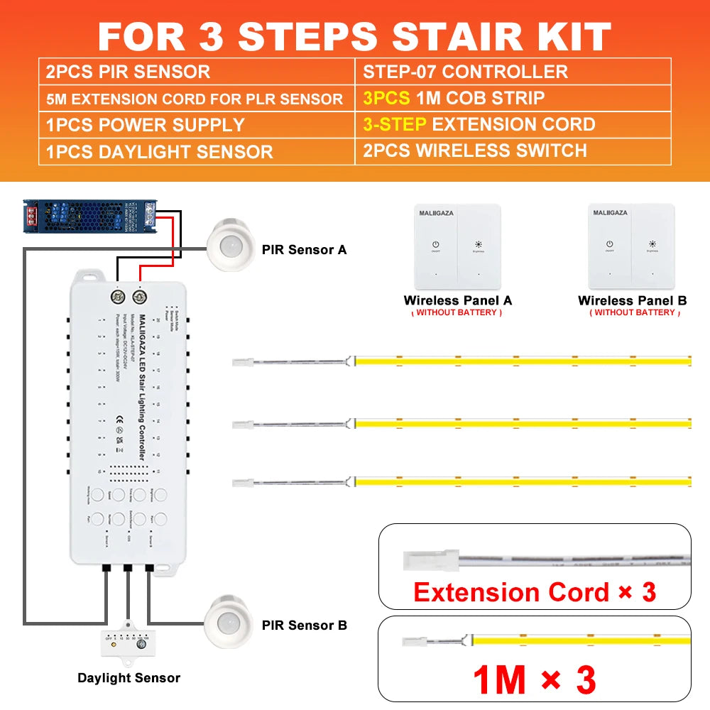 LED stair light kit with PIR sensors, COB strip, controller, wireless switch, cords for 3 steps