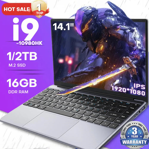 A slim, silver 14.1-inch laptop with a black keyboard, large trackpad, thin bezels, and visible side ports.