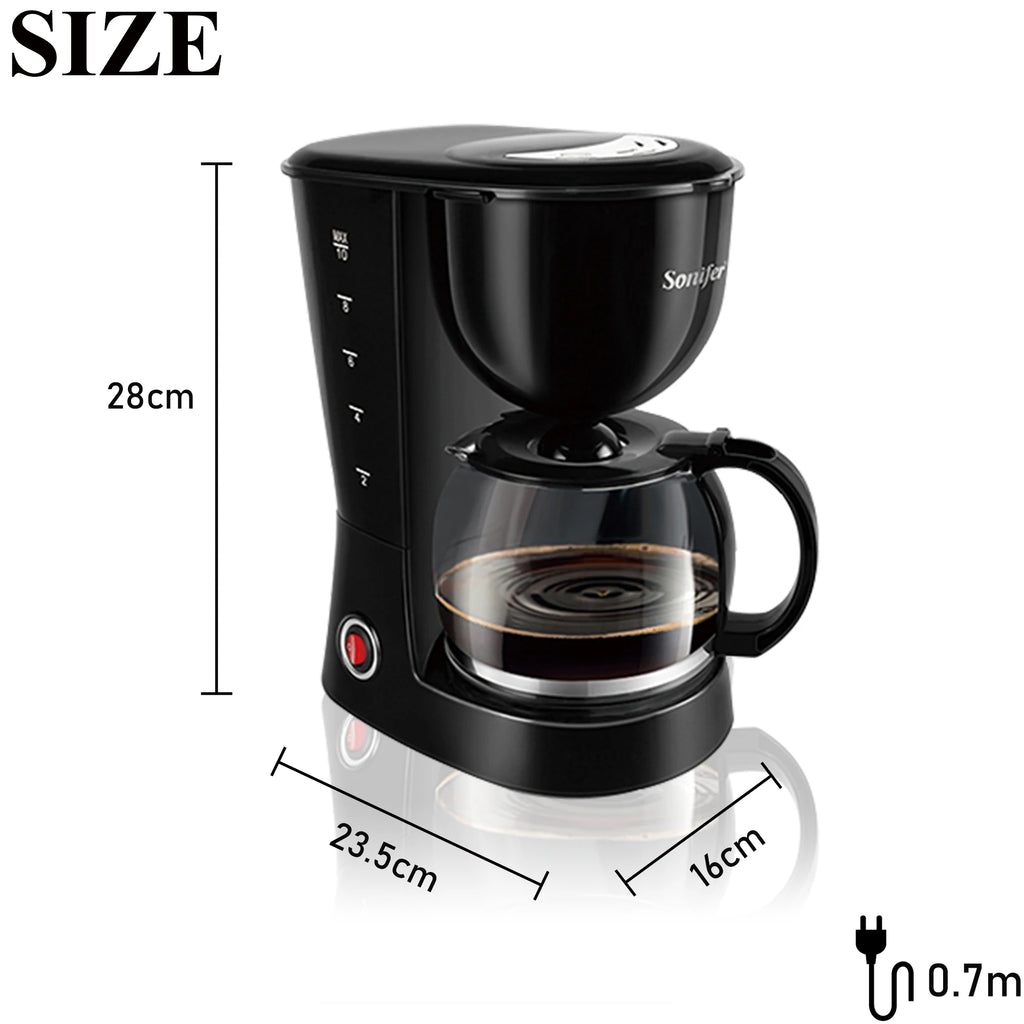 Sonifer black 10-cup drip coffee maker with glass carafe, 28cm tall, including dimensions and power cord length.