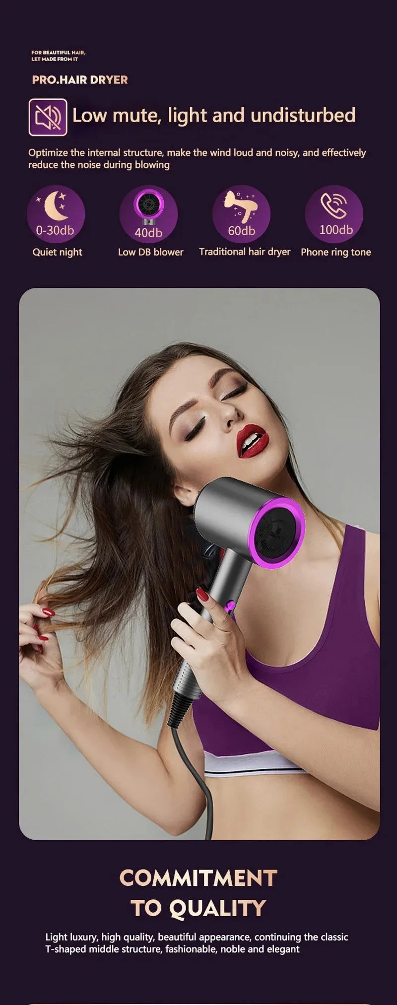 Woman using a professional, T-shaped silent high-speed hair dryer with negative ion tech and sleek grey finish.