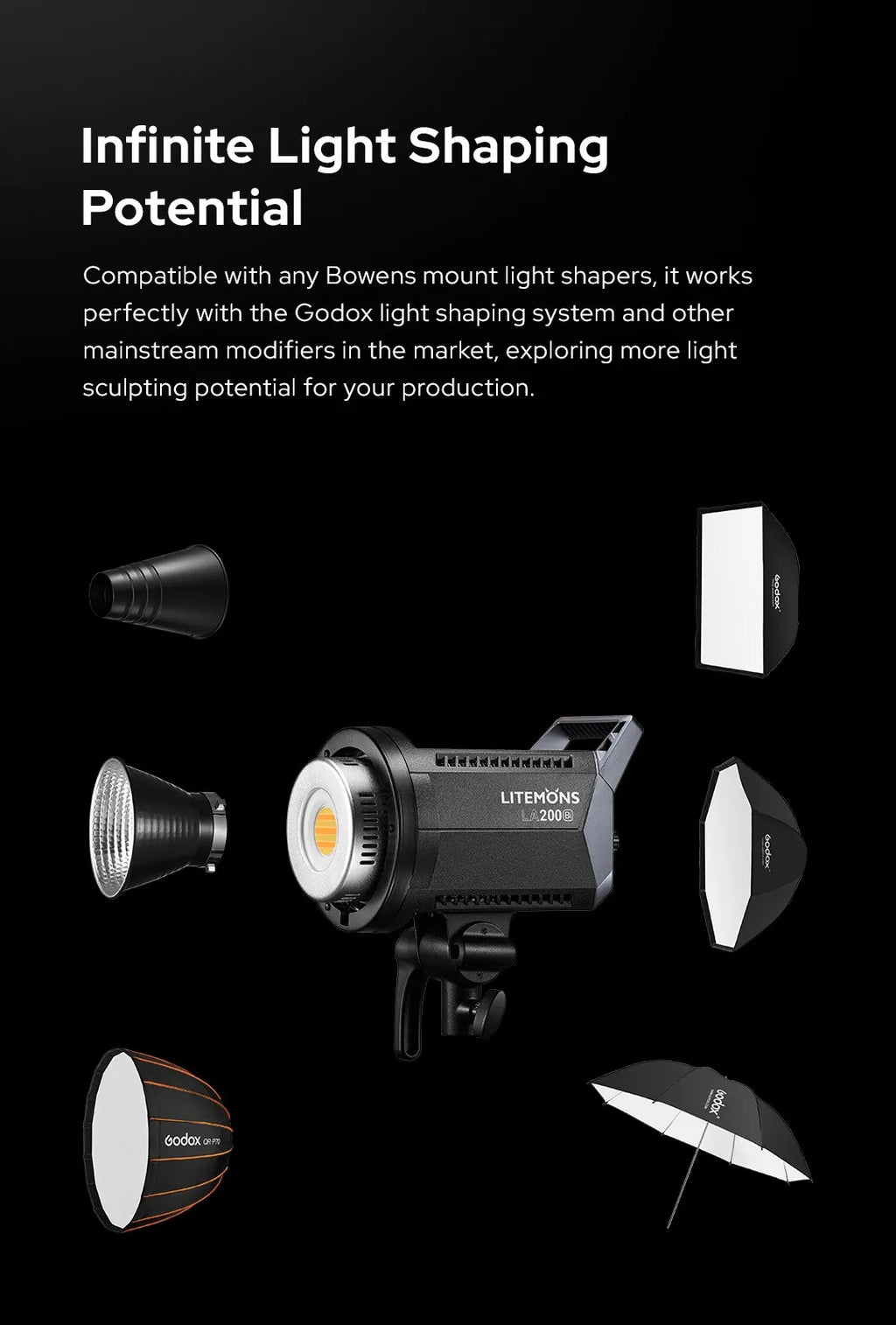 Litemons LA200D LED video light with various Bowens mount attachments, including reflectors, softboxes, and an umbrella.