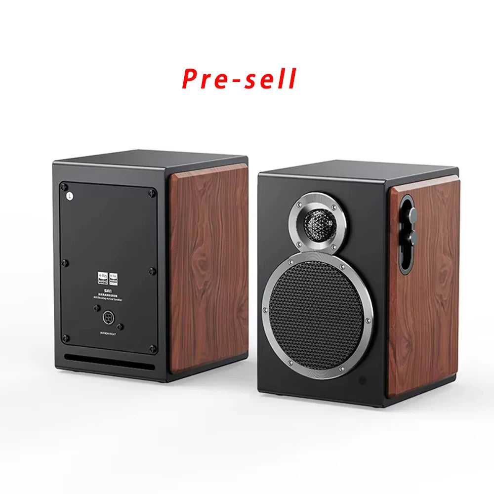 Walnut wood desktop Bluetooth active speaker with front woofer and tweeter drivers