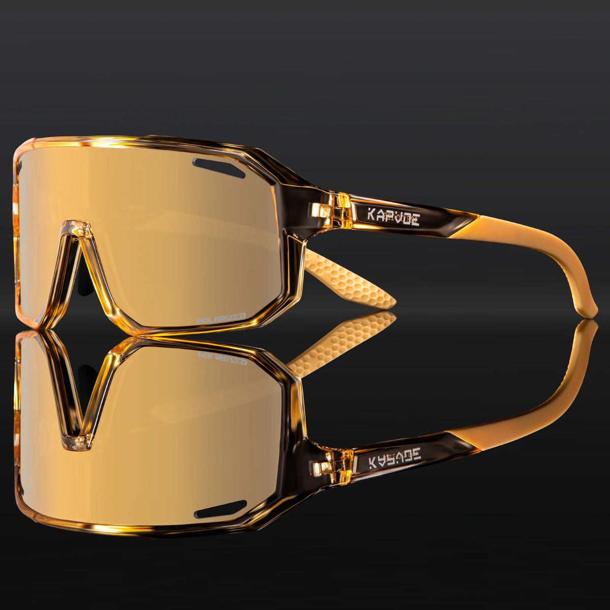 Kids polarized sport sunglasses with gold frame and amber mirrored lenses.