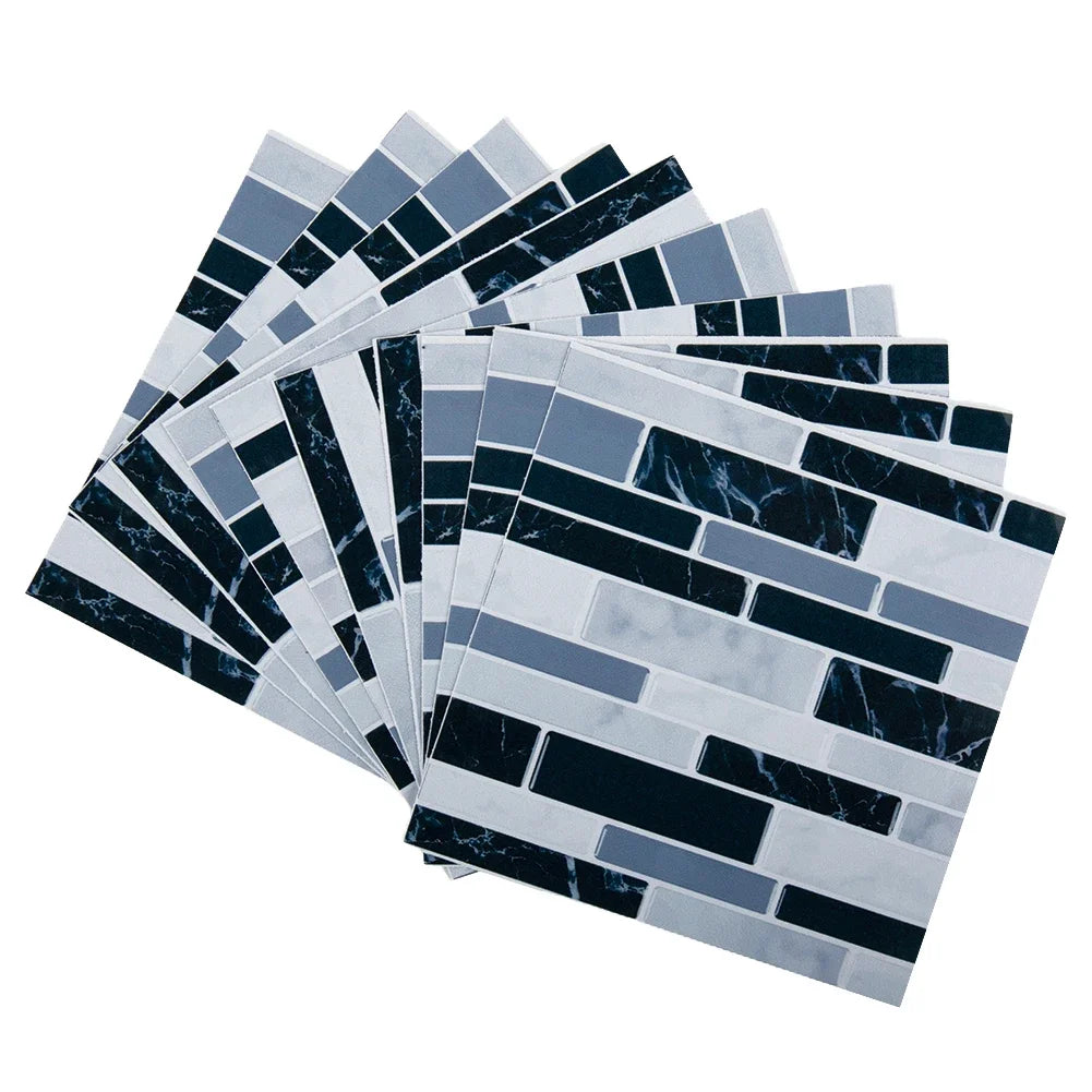 3D mosaic tile wall sticker sheet, black and silver marbled brick strips