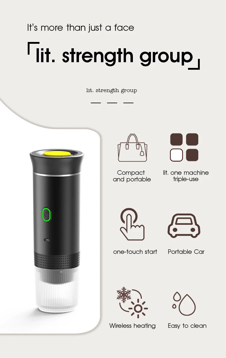 Lit. strength group portable black electric coffee maker with yellow lid, one-touch button, and wireless heating.