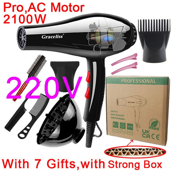 Black 2100W professional hair dryer with EU plug, attachments, combs, and clips in a strong storage box.