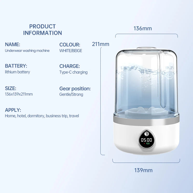 Tidesmit 1.5L portable wireless underwear and socks washing machine with LED laundry bucket, side angle view