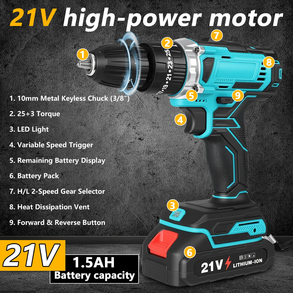 21V Cordless Drill Driver Set 29PCS 35Nm Electric Drill 3/8 Inch Keyless Chuck 25+3 Clutch Variable Speed With 2pcs Batteries