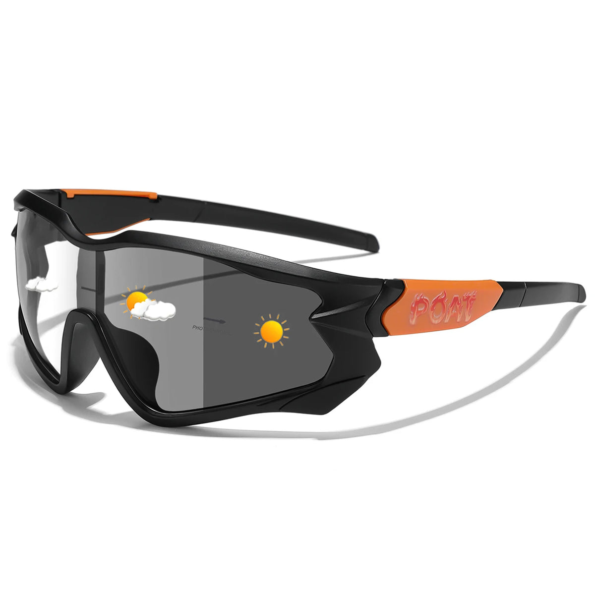 Photochromic cycling sunglasses, black frame with orange temple accents and gray lenses.