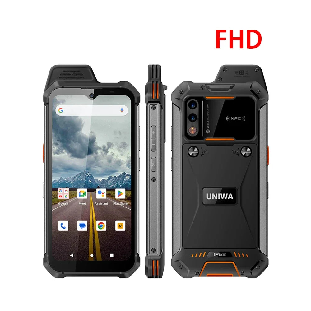 UNIWA W999 rugged ATEX smartphone: front, side, back views, black/orange, FHD display, NFC, walkie-talkie functionality.