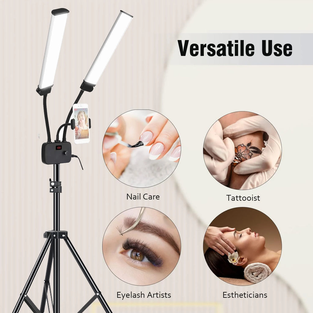 Black tripod stand with two flexible LED light arms and a phone holder, used for beauty, tattoo, and nail services.