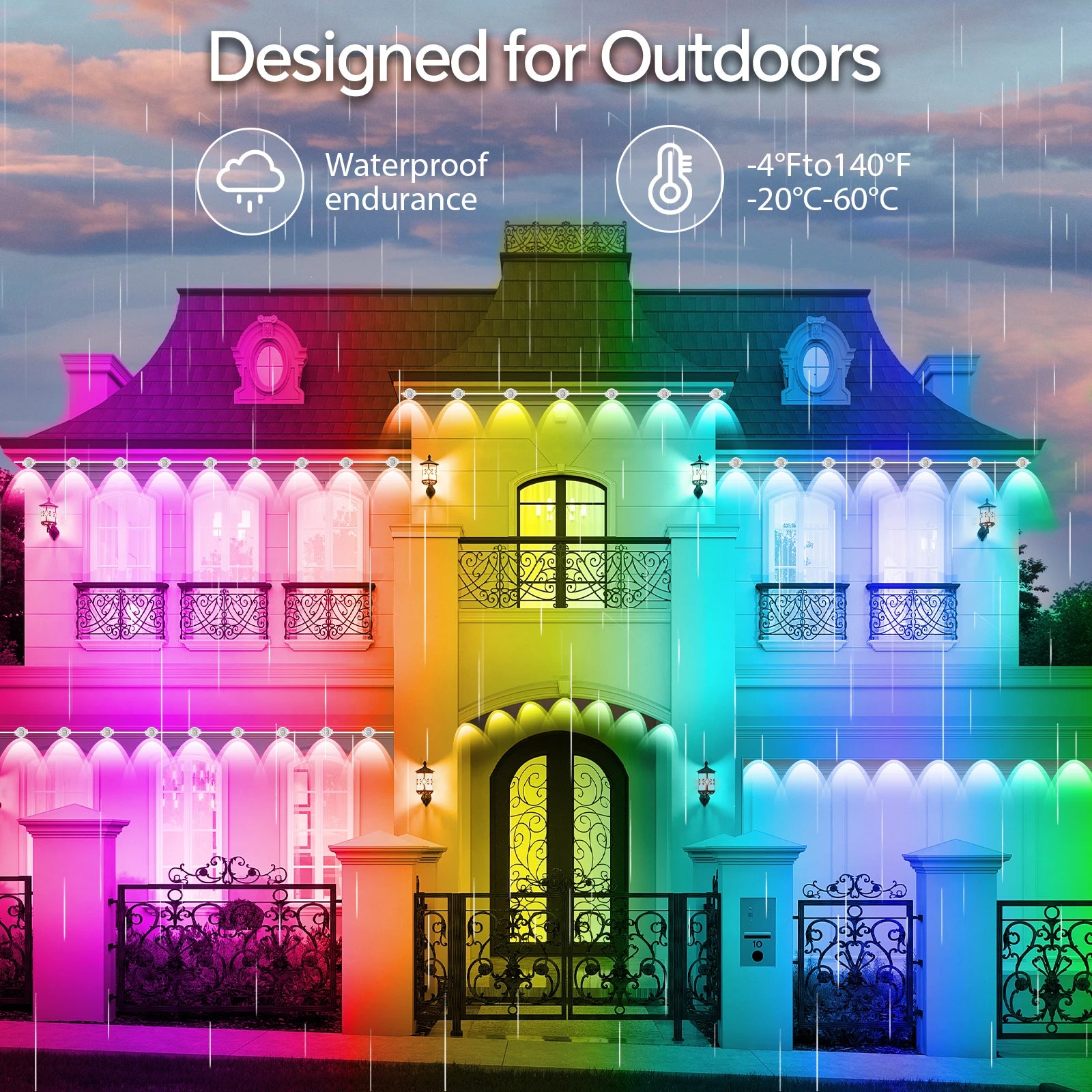 60M & 200FT Permanent Outdoor LED Eaves Lights RGB Waterproof Smart String Lights App Remote Control Color Changing Lamp for House Roof Garden Christmas Holiday Party Daily Accent Lighting