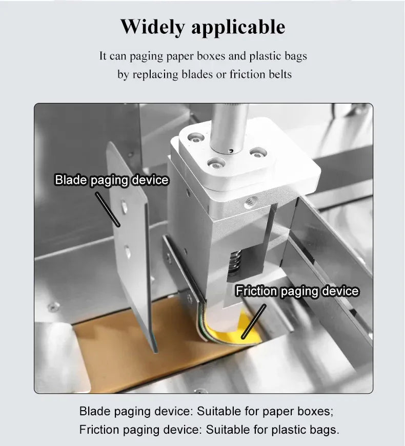 Label printer paging mechanism with blade and friction paging devices