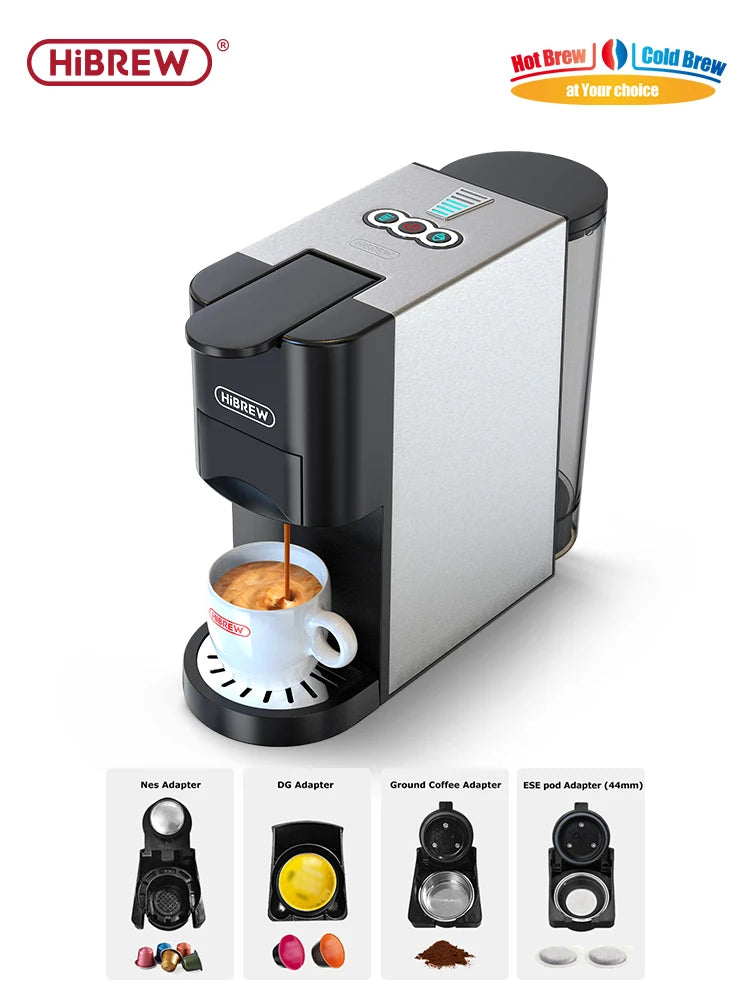 HiBREW multi-capsule espresso machine in silver and black with four adapters for pods, capsules, and ground coffee.