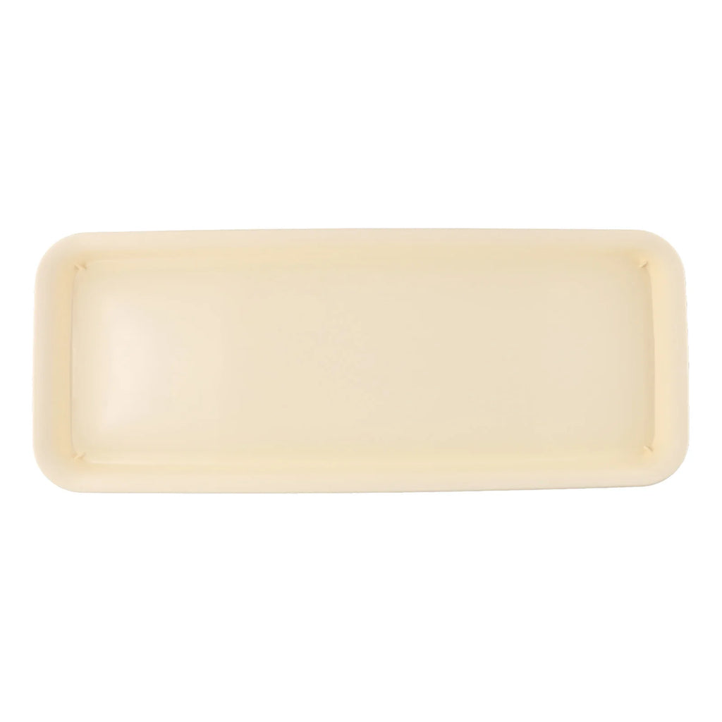 Rectangular light beige plastic plant water tray with rounded corners and shallow basin
