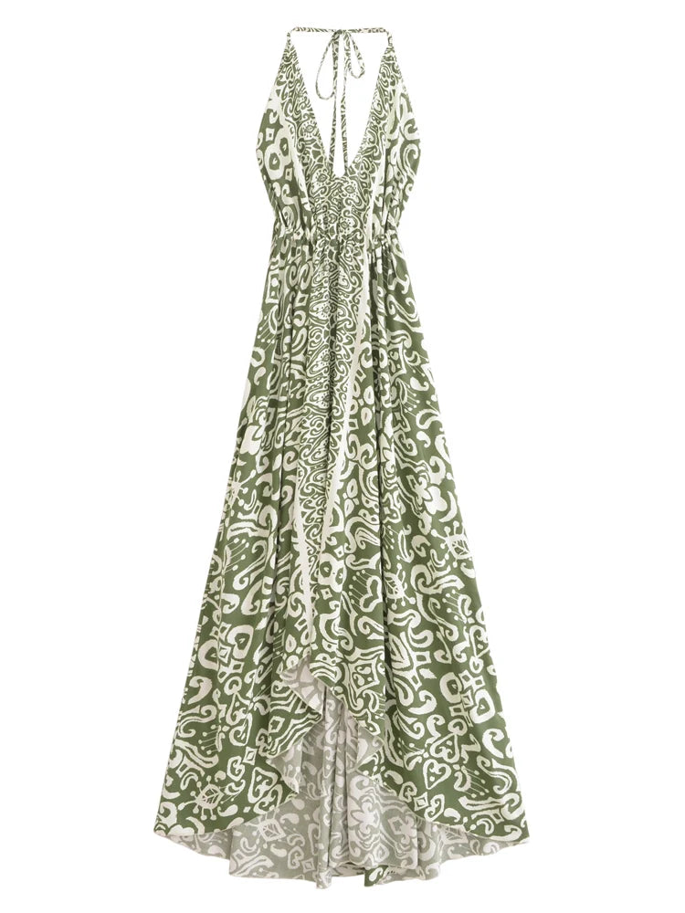 Vintage Women Geometric Print Backless Sexy Beach Bohemian Maxi Dress Lady High-Low Tassel Strapless Vacation Summer Boho Dress