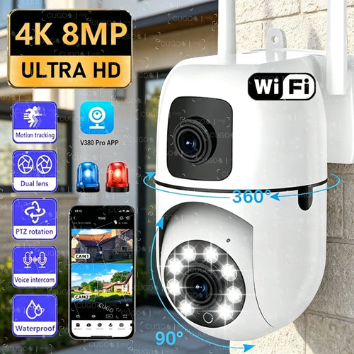 White dual-lens WiFi security camera with 360° dual-screen preview