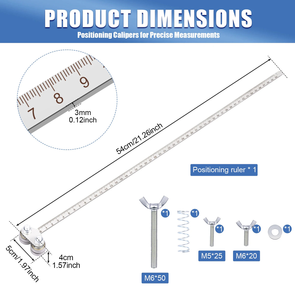 Positioning ruler dimensions showing guide rail length and caliper hardware components