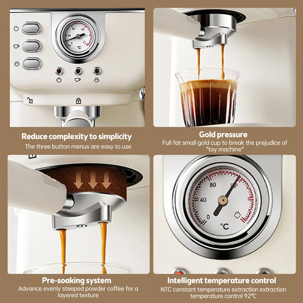 Cream-colored espresso machine with temperature gauge, buttons, portafilter, and pre-soaking extraction system.
