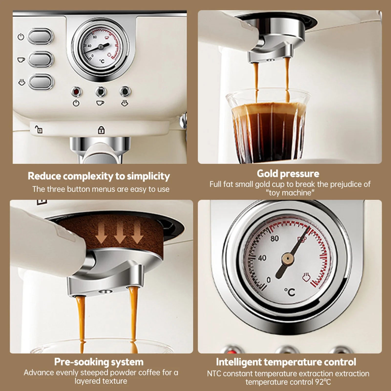 Cream-colored espresso machine with temperature gauge, buttons, portafilter, and pre-soaking extraction system.