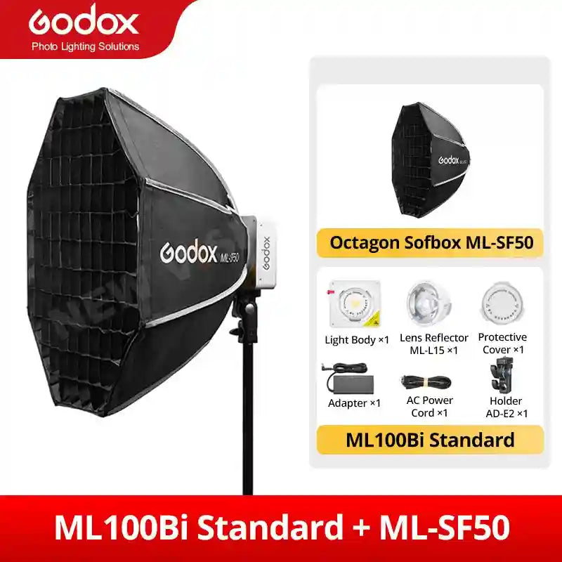ML100Bi light with black octagon softbox, grid, reflector, and power accessories for studio photography lighting.