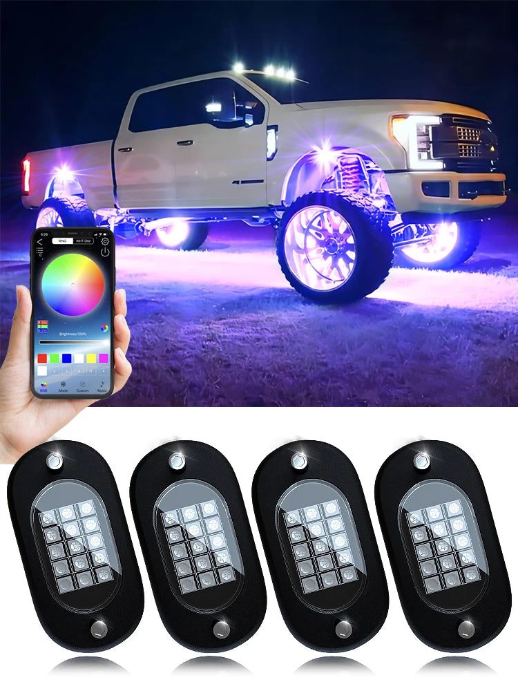 RGB LED Rock Lights for Trucks - App Controlled Neon Underglow Kit 4 pods Tidesmit