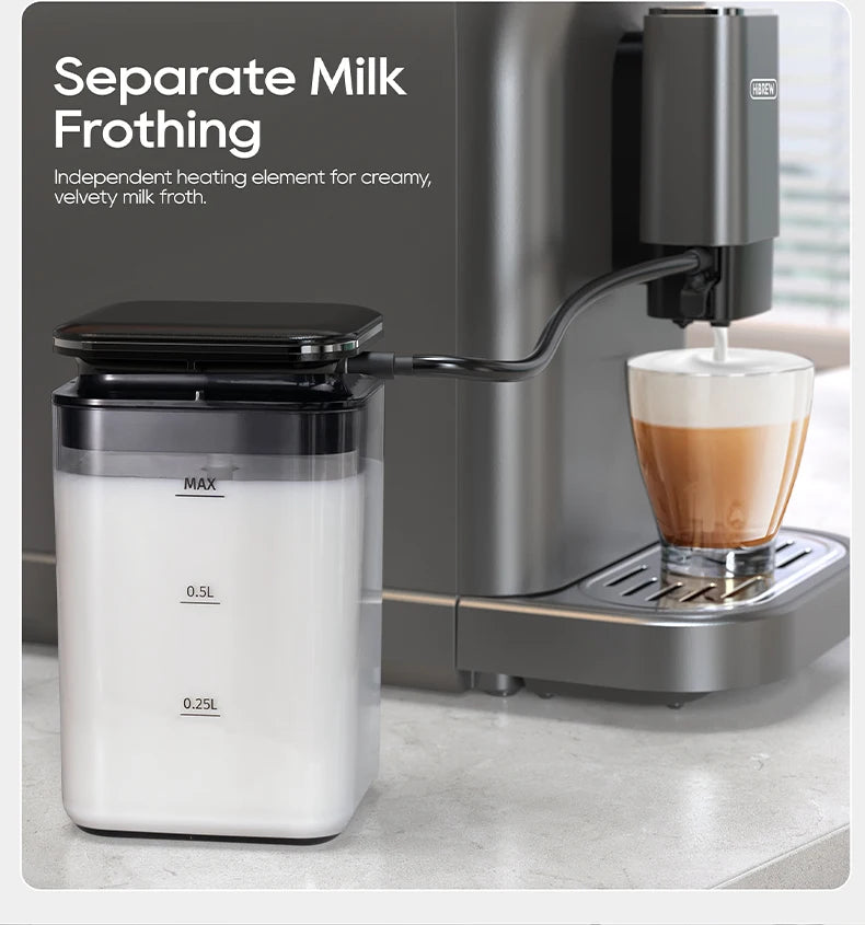 HiBREW espresso machine with 0.5L separate milk frother container for creamy lattes in a sleek grey finish.