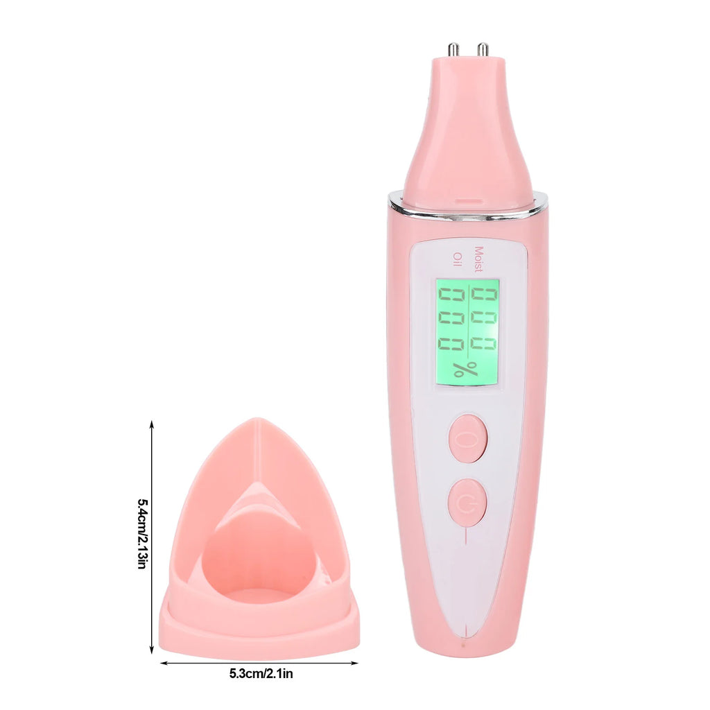 Pink portable digital facial skin analyzer with LCD display screen and sensor probe for moisture and oil testing.