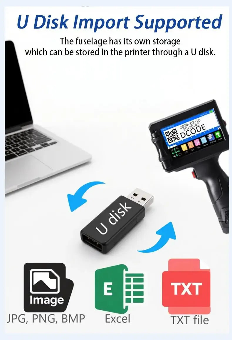 Handheld inkjet printer with black body next to U disk and file type icons
