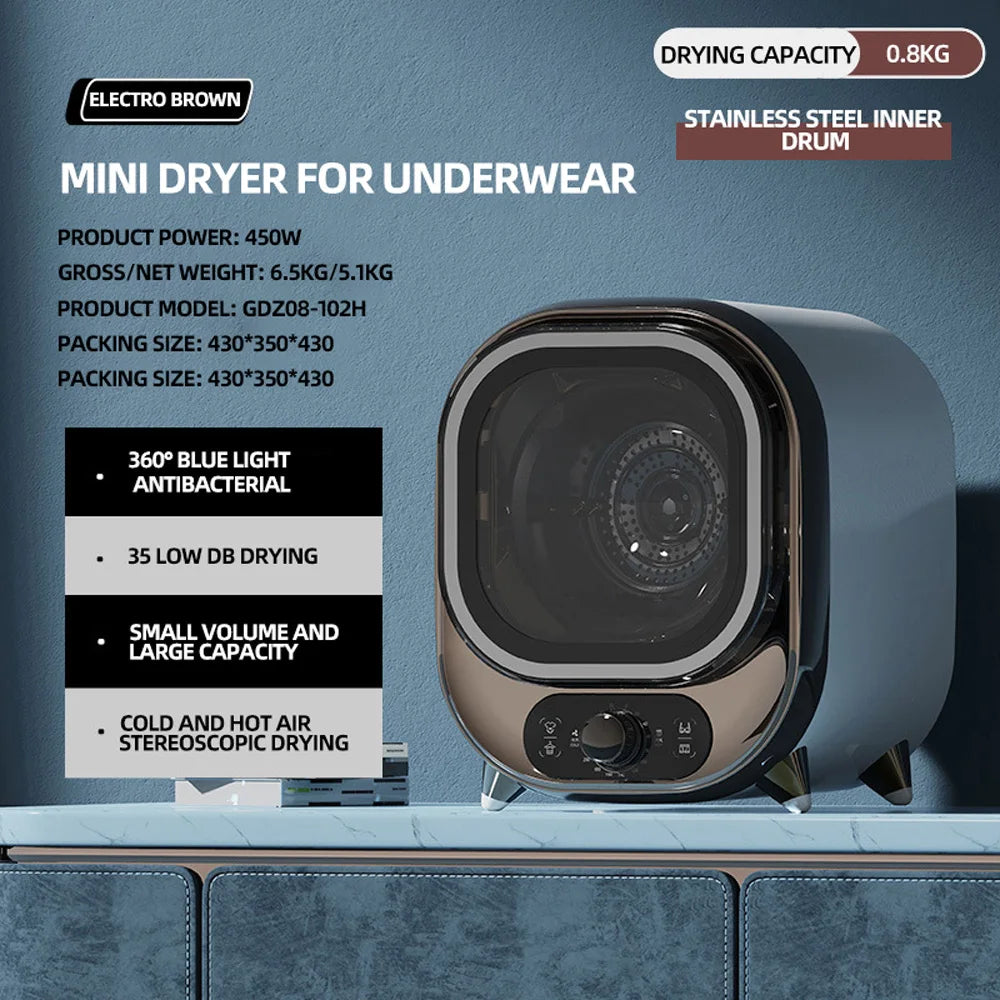 Tidesmit RSD-GZD08 mini electric clothes dryer with smart sterilization and rolling portable design, side view.